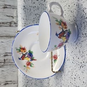 Plant Tuscan China Teacup-England Birds Flowers Gold Rim *Rare*